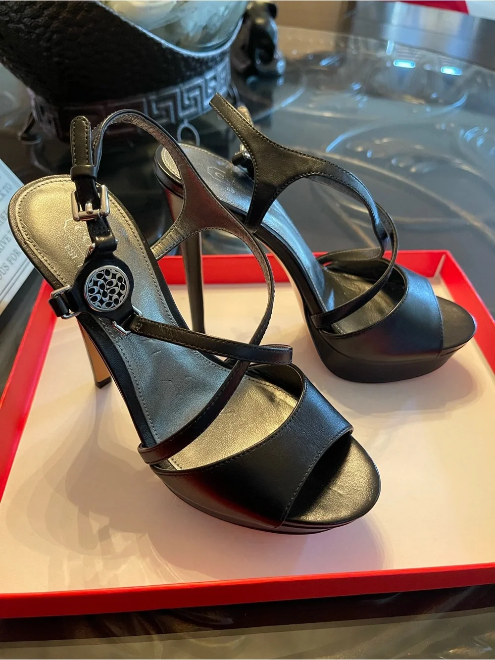 Coach Black Leather Platform Sandals